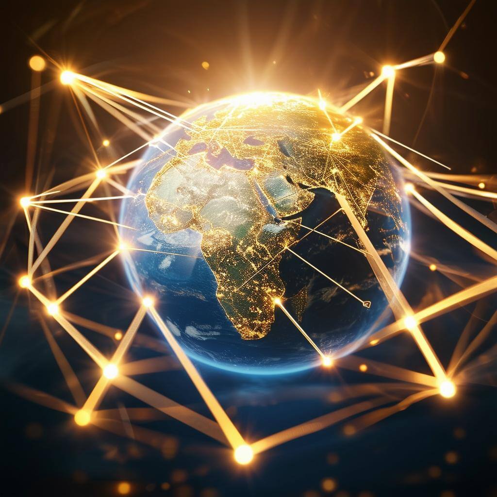 Dynamic nodes or light rays connecting across a globe, representing Avodah bridging gaps globally